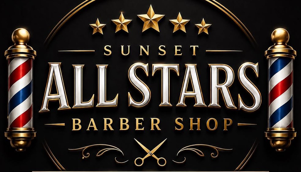 Sunset All Stars Barber Shop original gold badge with stars and barber poles
